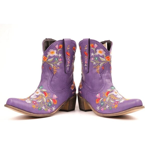 Women Flower Embroidered Ankle Booties Purple Synthetic Chunky Heel Short Boots - Picture 5 of 6